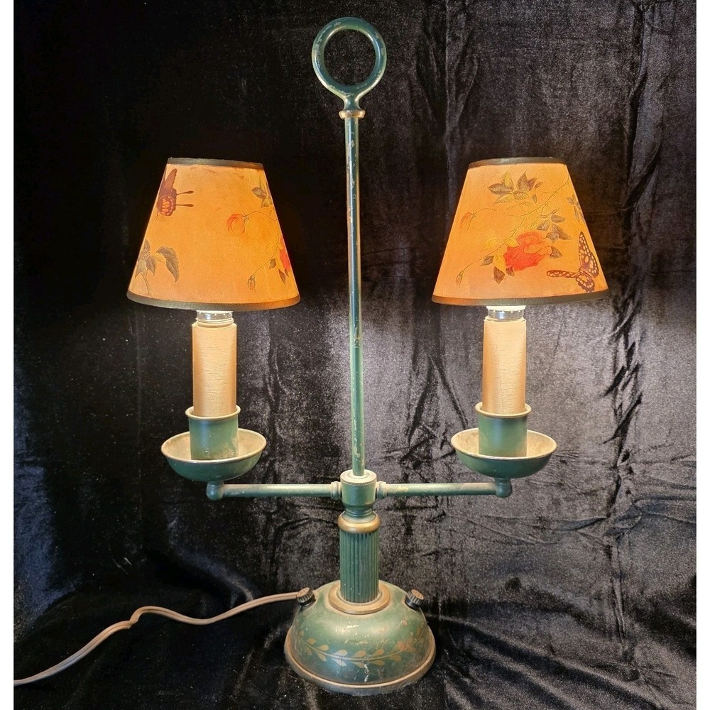 VTG Toleware Bouillotte-style Green 3-way lamp, 2 Arm w Shades. Mix of Old & New